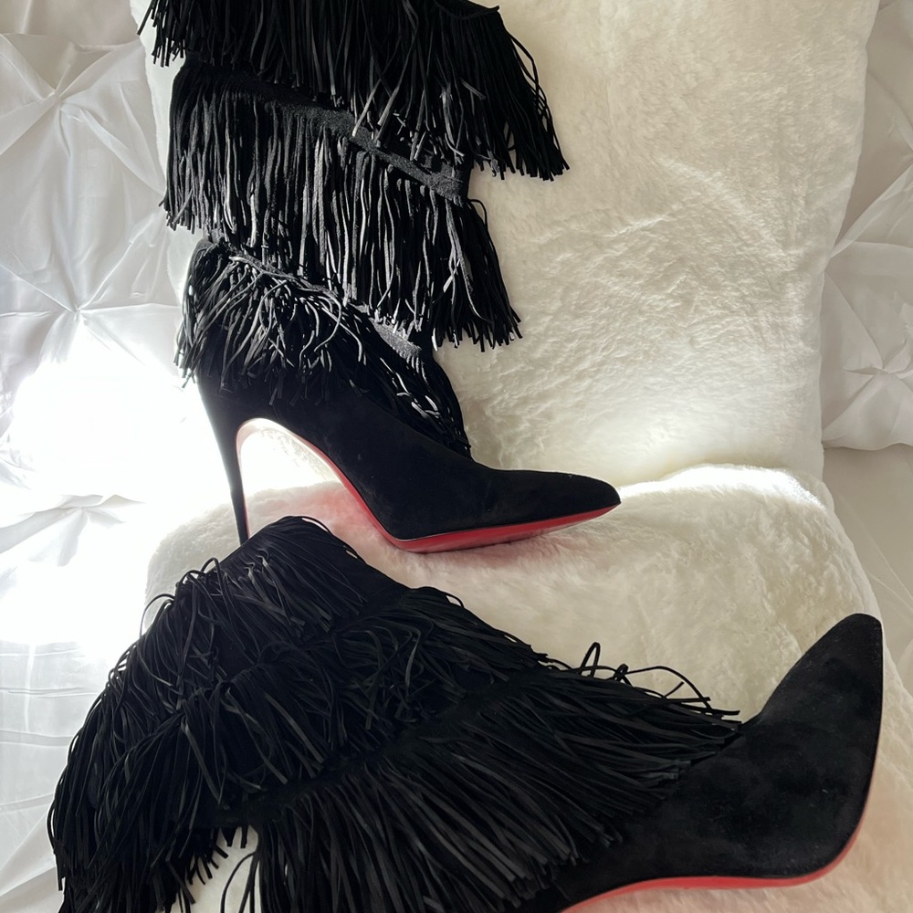 Christian an Louboutin black suade stilettos heels boot fringe.